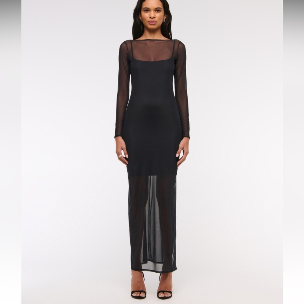 Mesh Sheer Ling Sleeve Maxi Dress